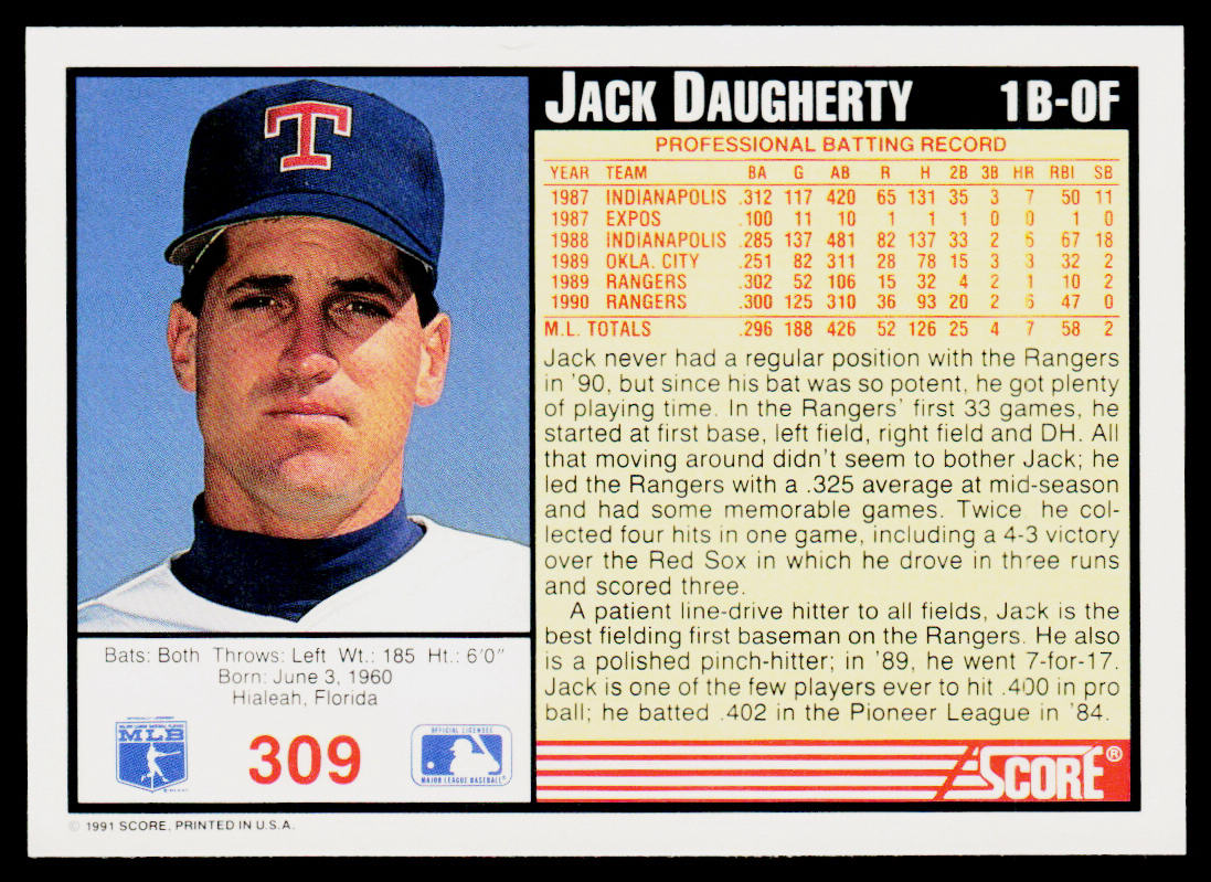 Jack Daugherty 1991 Score #309 Texas Rangers