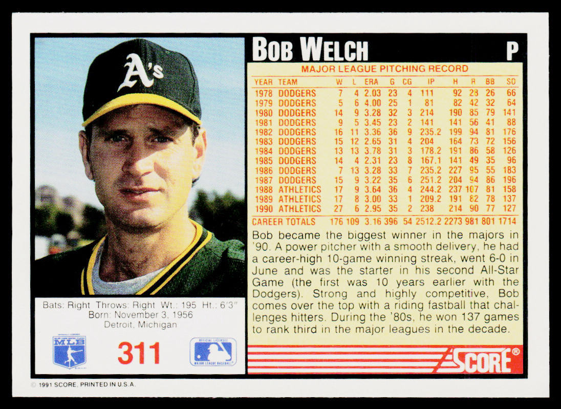 Bob Welch 1991 Score #311 Oakland Athletics