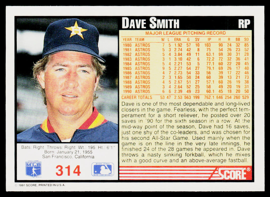 Dave Smith 1991 Score #314 Houston Astros