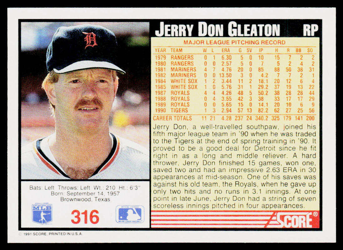 Jerry Don Gleaton 1991 Score #316 Detroit Tigers