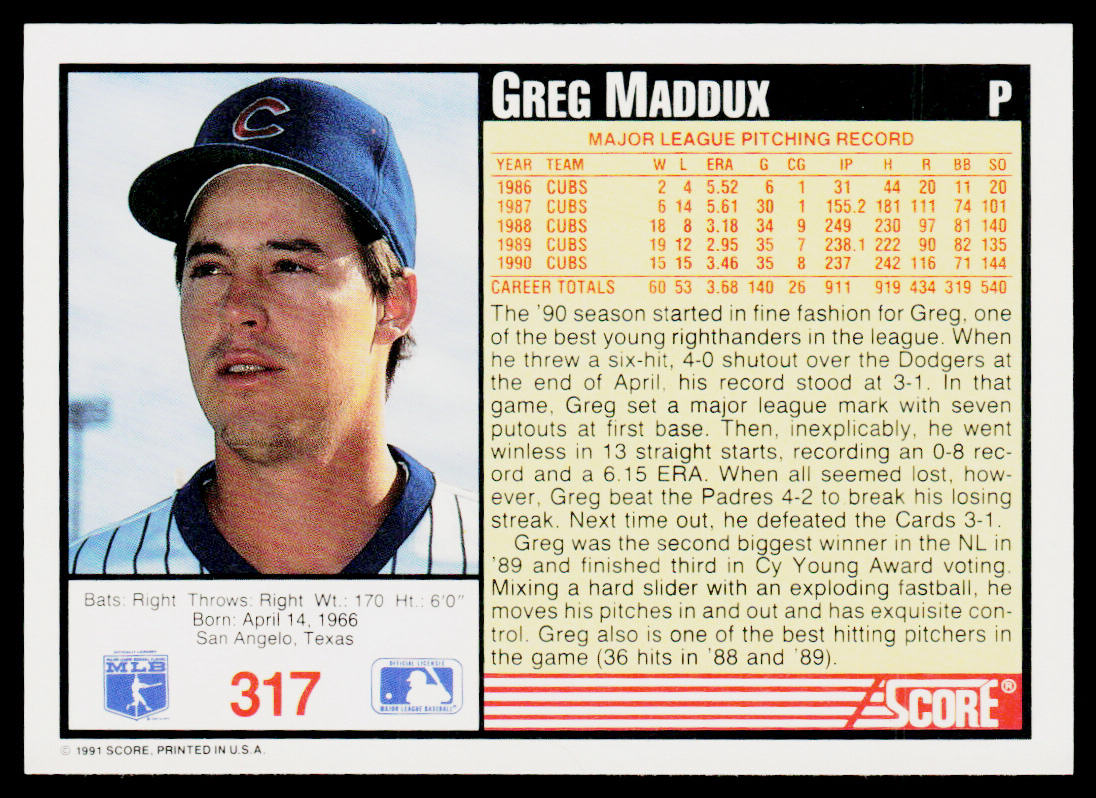 Greg Maddux 1991 Score #317 Chicago Cubs