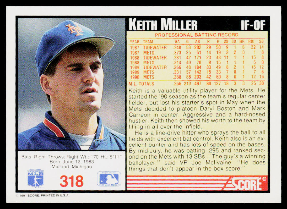 Keith Miller 1991 Score #318 New York Mets