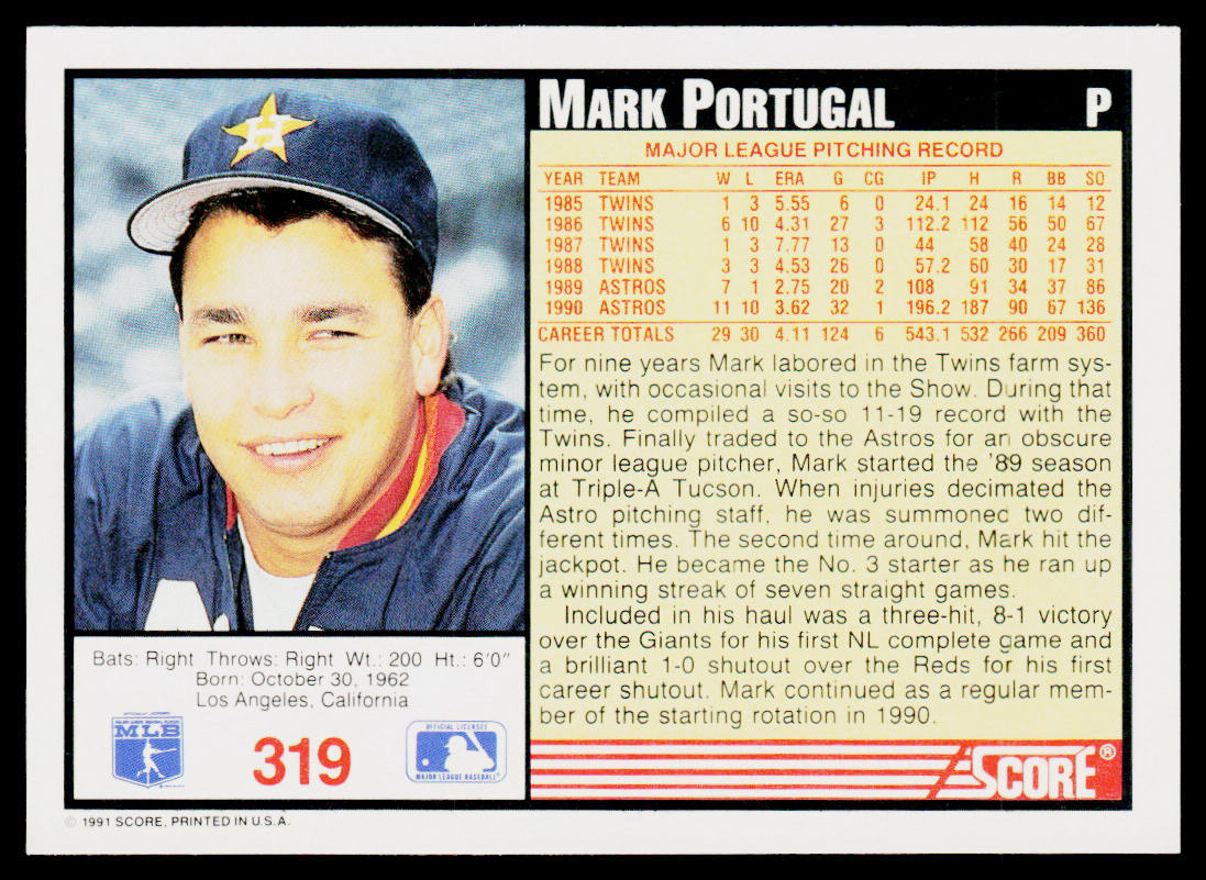 Mark Portugal 1991 Score #319 Houston Astros