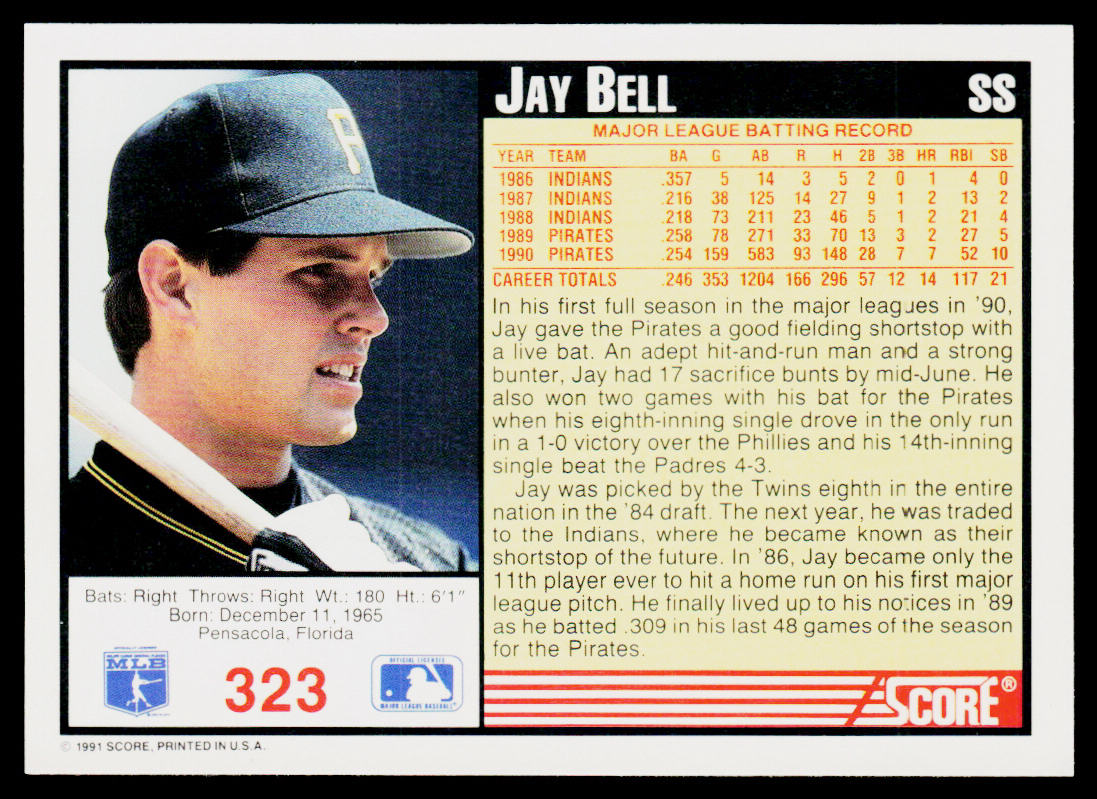 Jay Bell 1991 Score #323 Pittsburgh Pirates