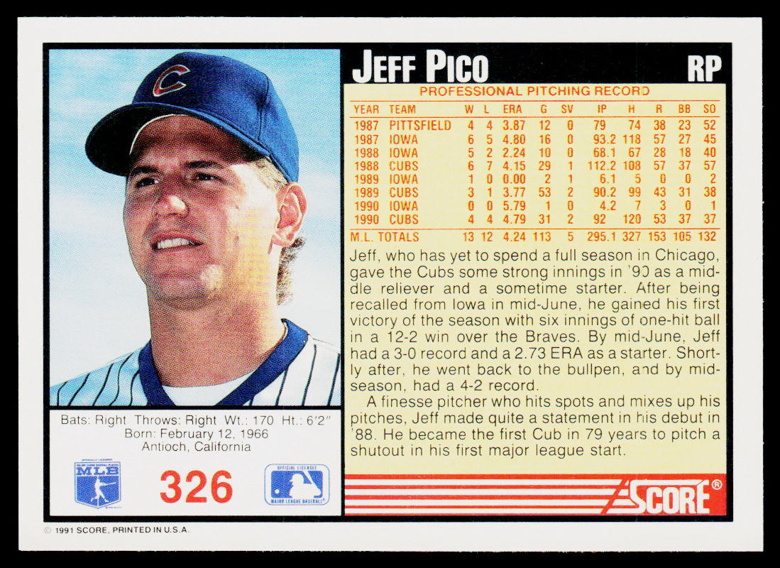 Jeff Pico 1991 Score #326 Chicago Cubs