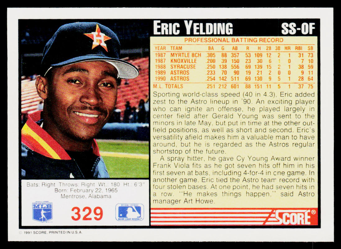 Eric Yelding 1991 Score #329 Houston Astros