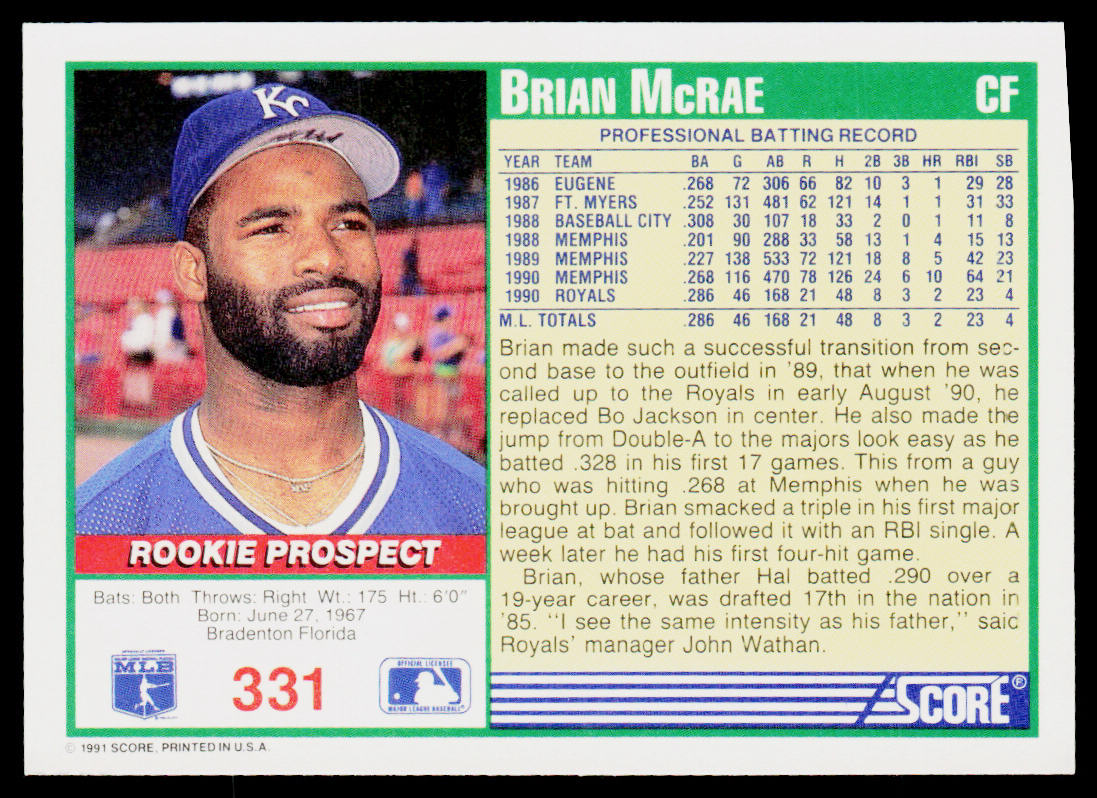 Brian McRae 1991 Score #331 RC Kansas City Royals