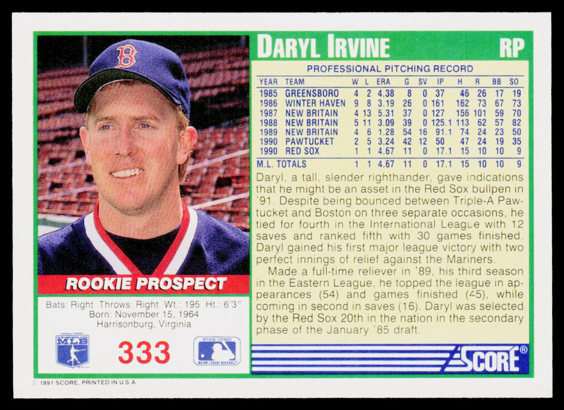 Daryl Irvine 1991 Score #333 RC Boston Red Sox