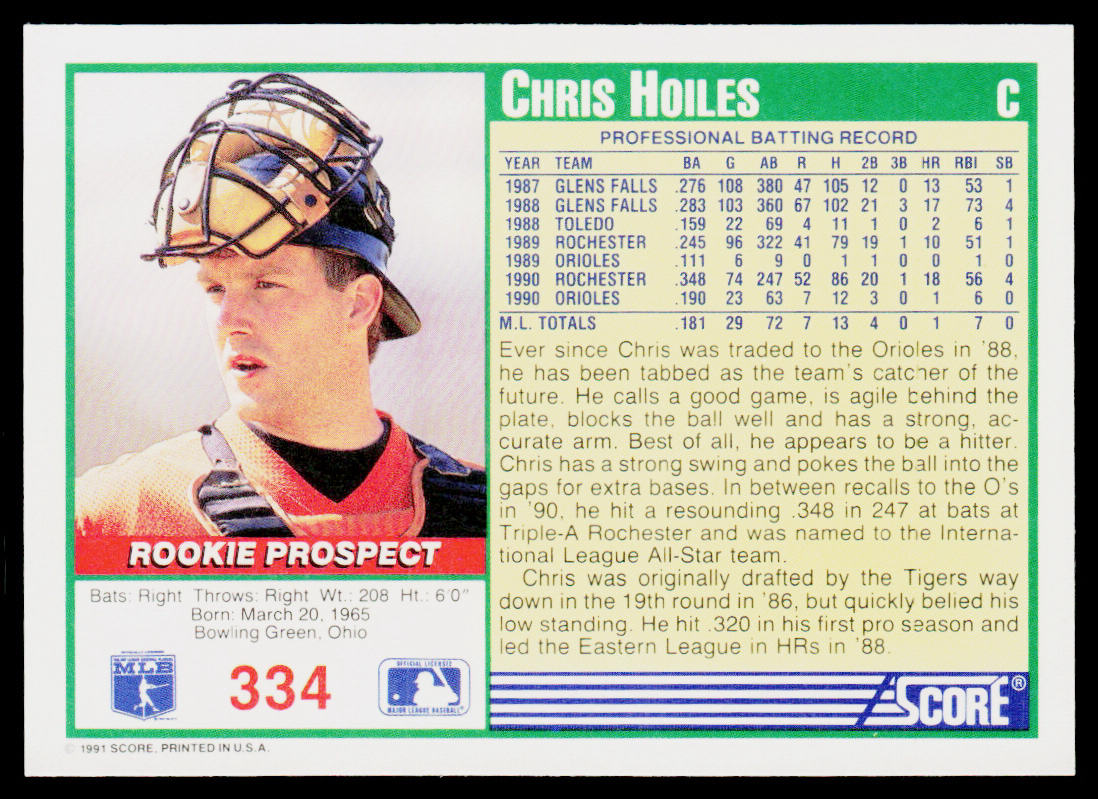 Chris Hoiles 1991 Score #334 Baltimore Orioles