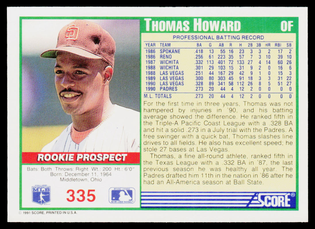 Thomas Howard 1991 Score #335 San Diego Padres