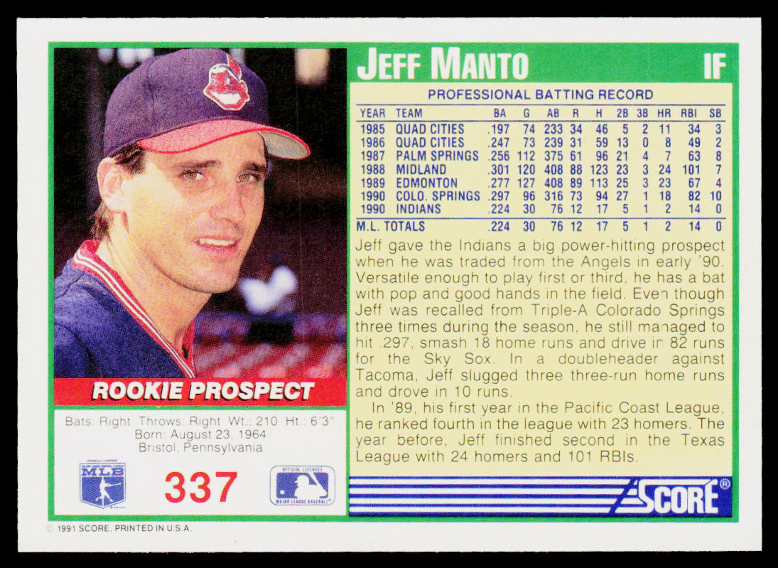 Jeff Manto 1991 Score #337 Cleveland Indians