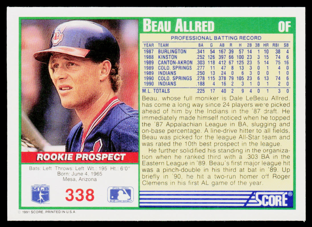 Beau Allred 1991 Score #338 Cleveland Indians