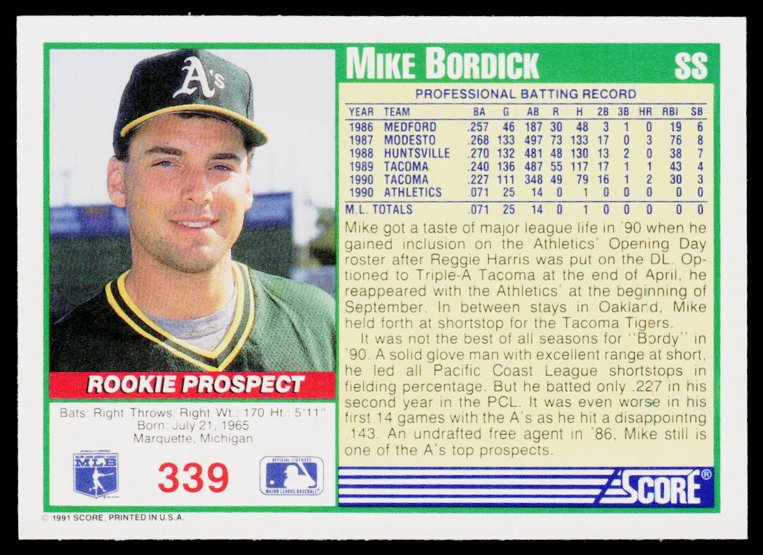 Mike Bordick 1991 Score #339 RC Oakland Athletics