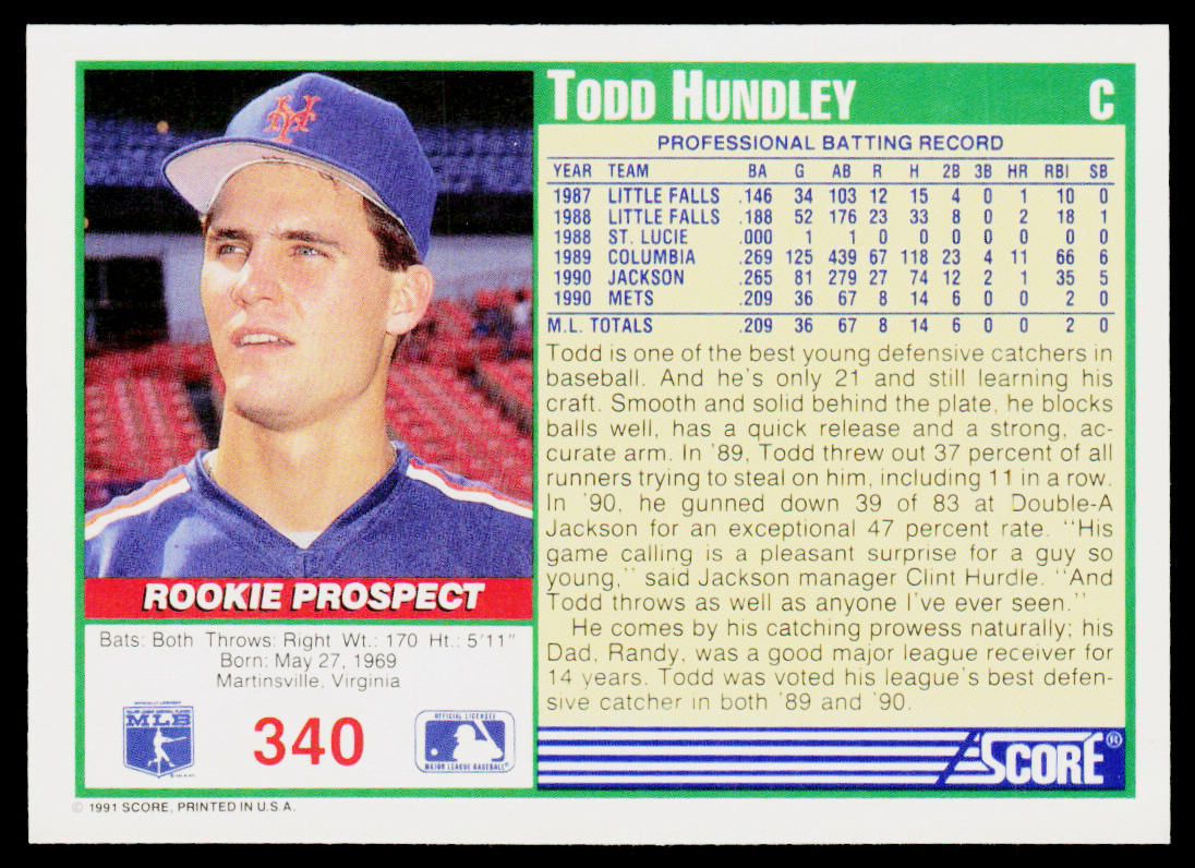 Todd Hundley 1991 Score #340 New York Mets