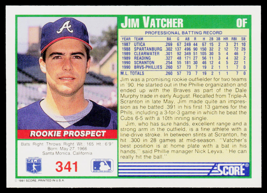 Jim Vatcher 1991 Score #341 RC Atlanta Braves