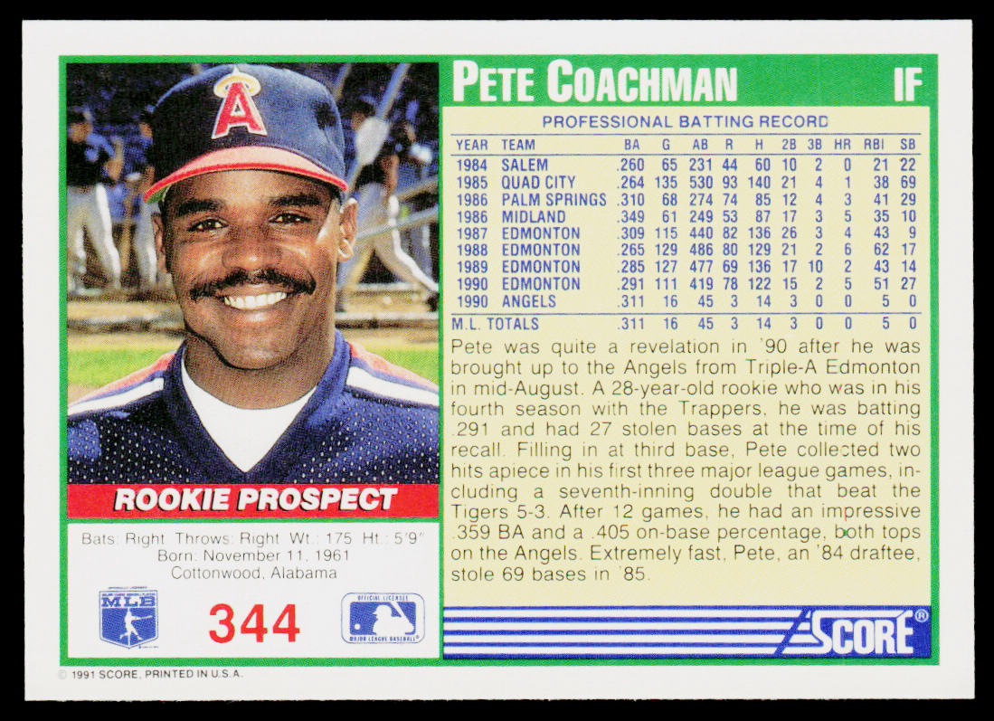 Pete Coachman 1991 Score #344 RC California Angels