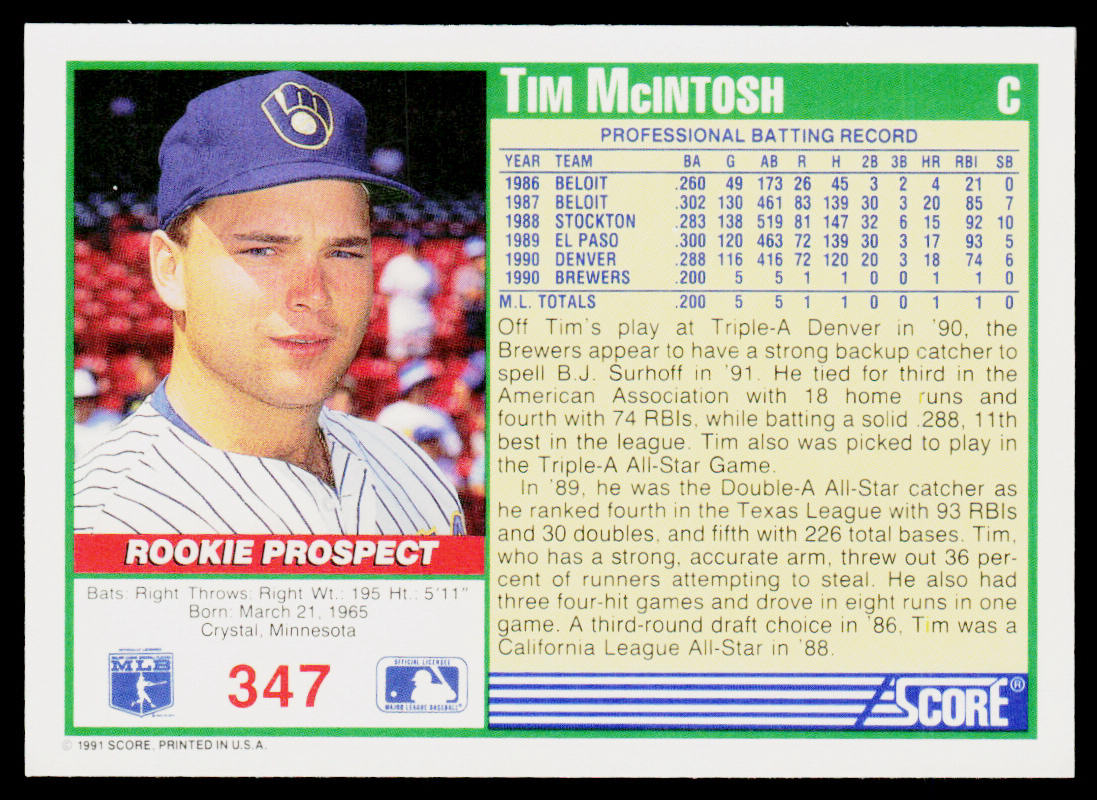Tim McIntosh 1991 Score #347 RC Milwaukee Brewers