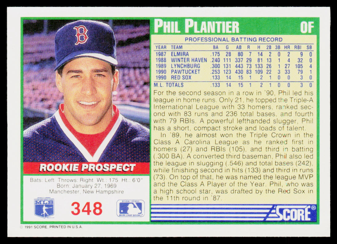 Phil Plantier 1991 Score #348 RC Boston Red Sox