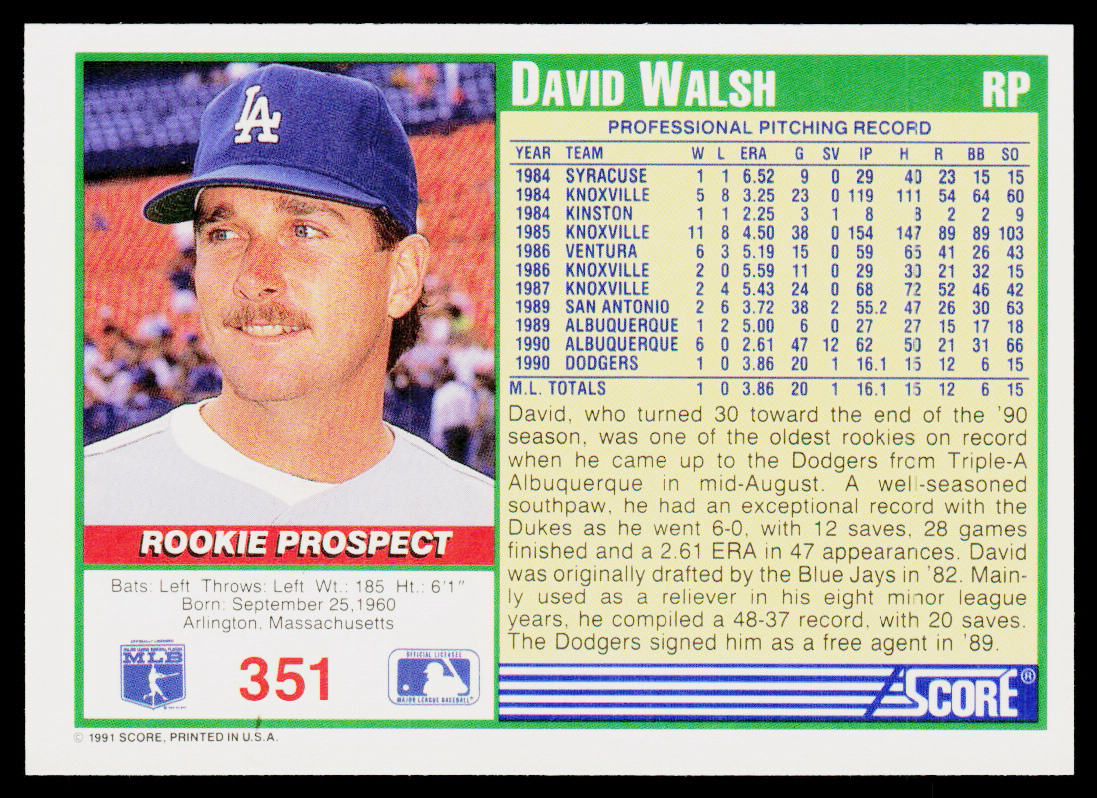 Dave Walsh 1991 Score #351 RC Los Angeles Dodgers
