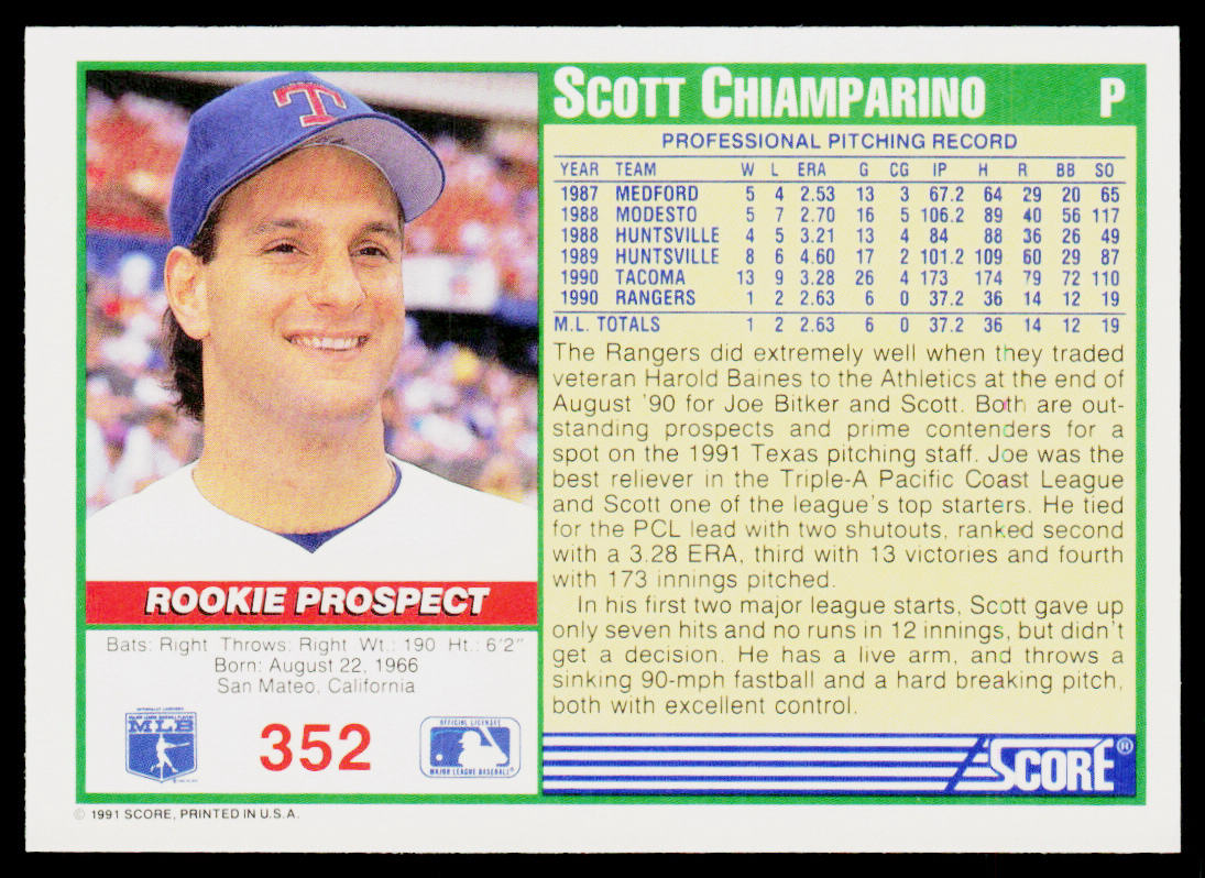 Scott Chiamparino 1991 Score #352 Texas Rangers