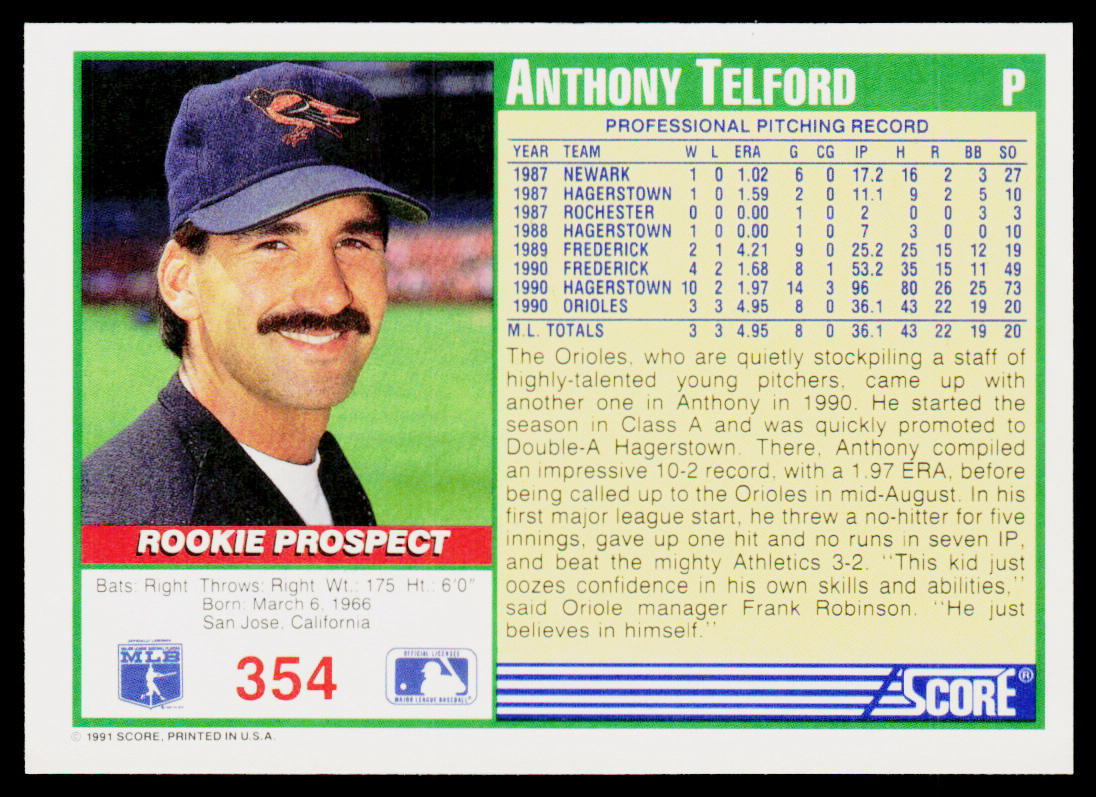 Anthony Telford 1991 Score #354 RC Baltimore Orioles