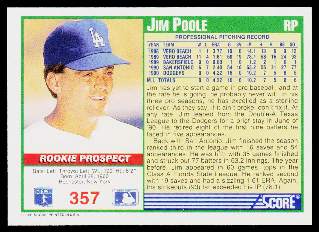 Jim Poole 1991 Score #357 RC Los Angeles Dodgers