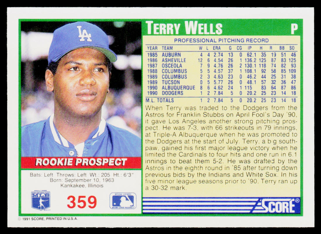 Terry Wells 1991 Score #359 RC Los Angeles Dodgers