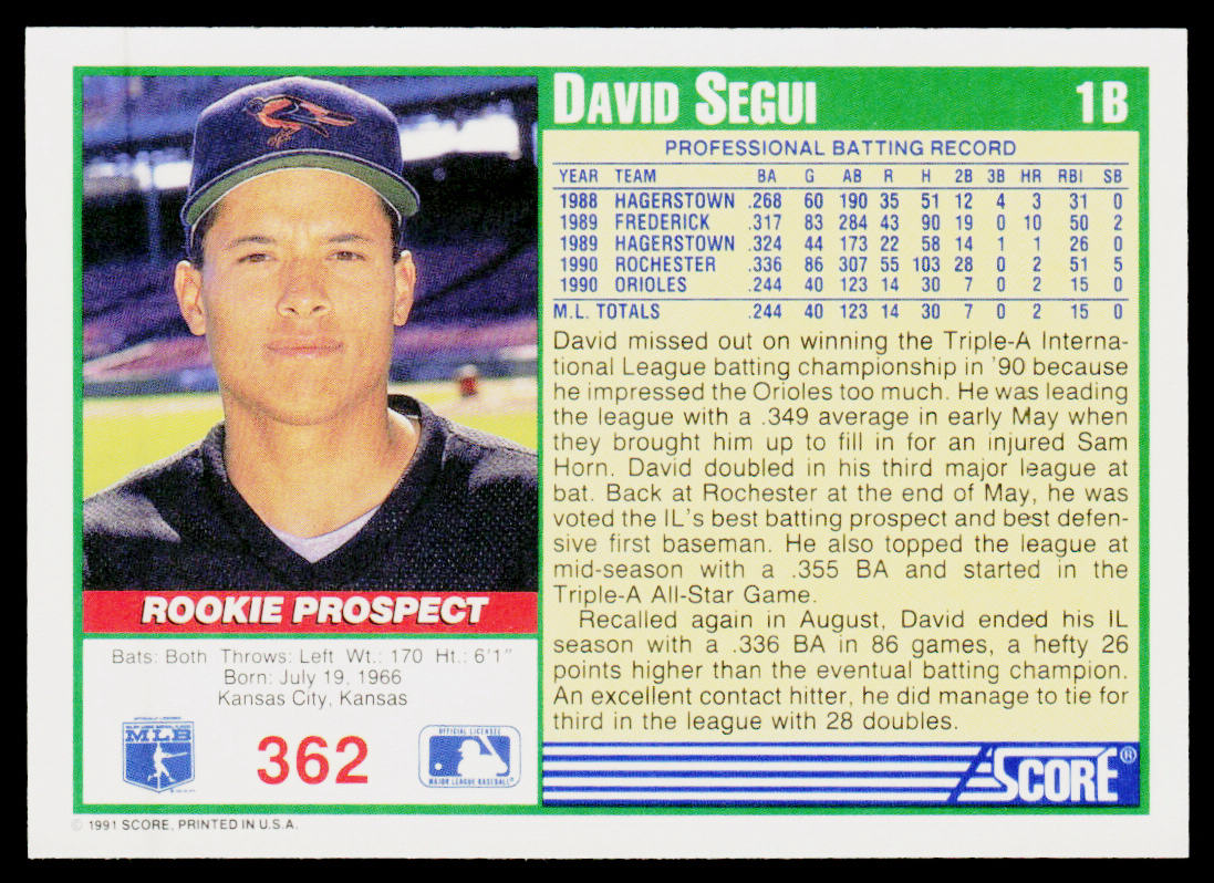 David Segui 1991 Score #362 Baltimore Orioles