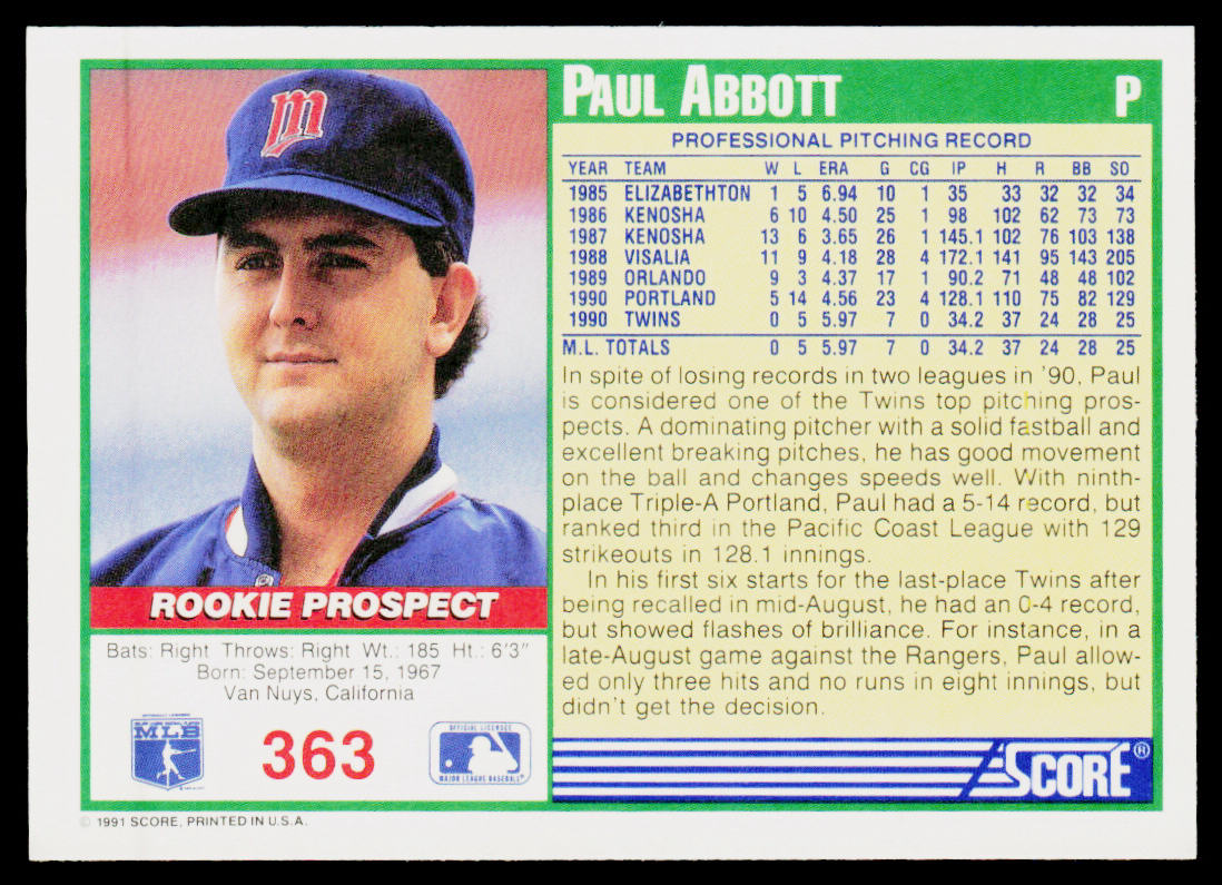 Paul Abbott 1991 Score #363 RC Minnesota Twins