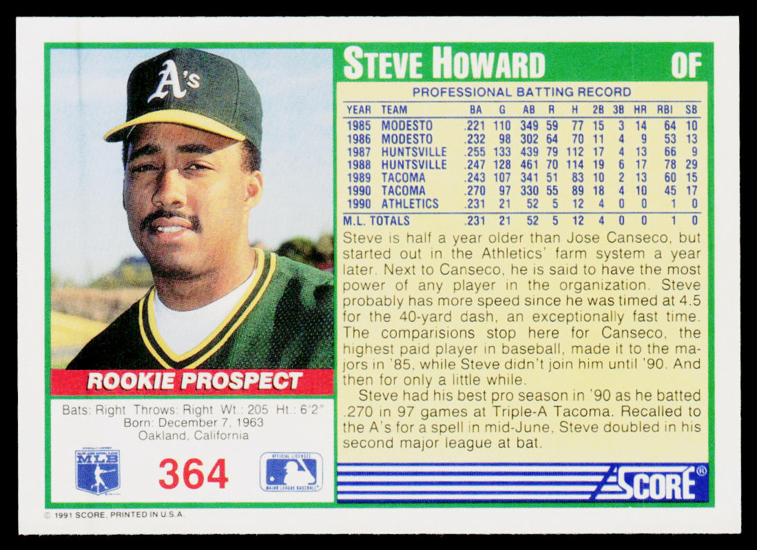 Steve Howard 1991 Score #364 Oakland Athletics
