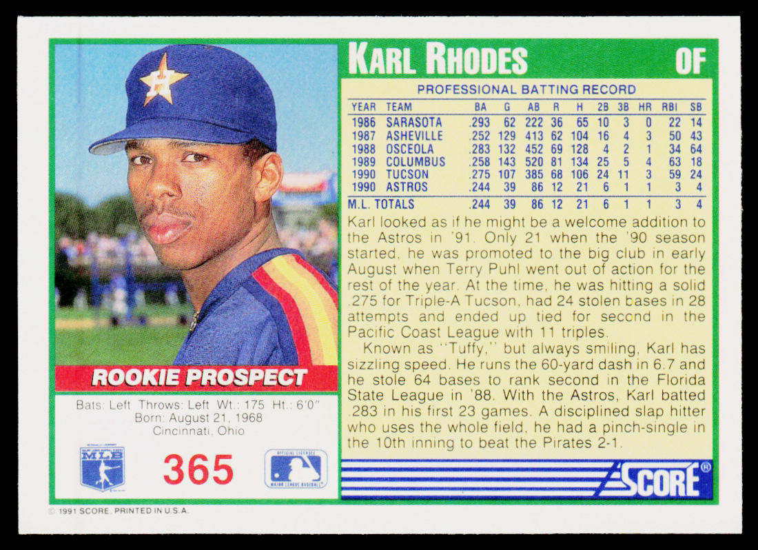 Karl Rhodes 1991 Score #365 Houston Astros