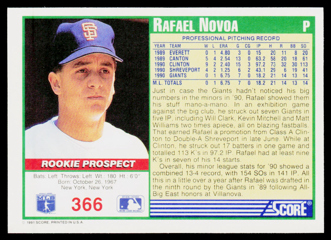 Rafael Novoa 1991 Score #366 RC San Francisco Giants