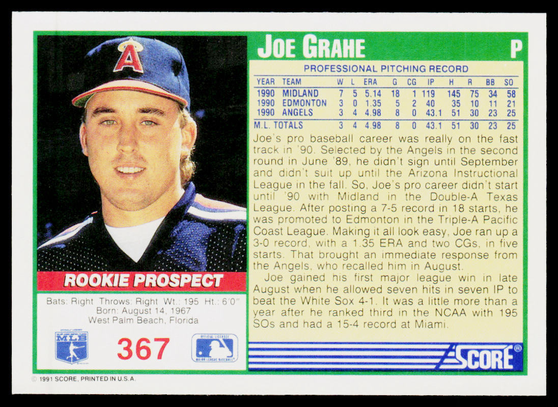 Joe Grahe 1991 Score #367 RC California Angels