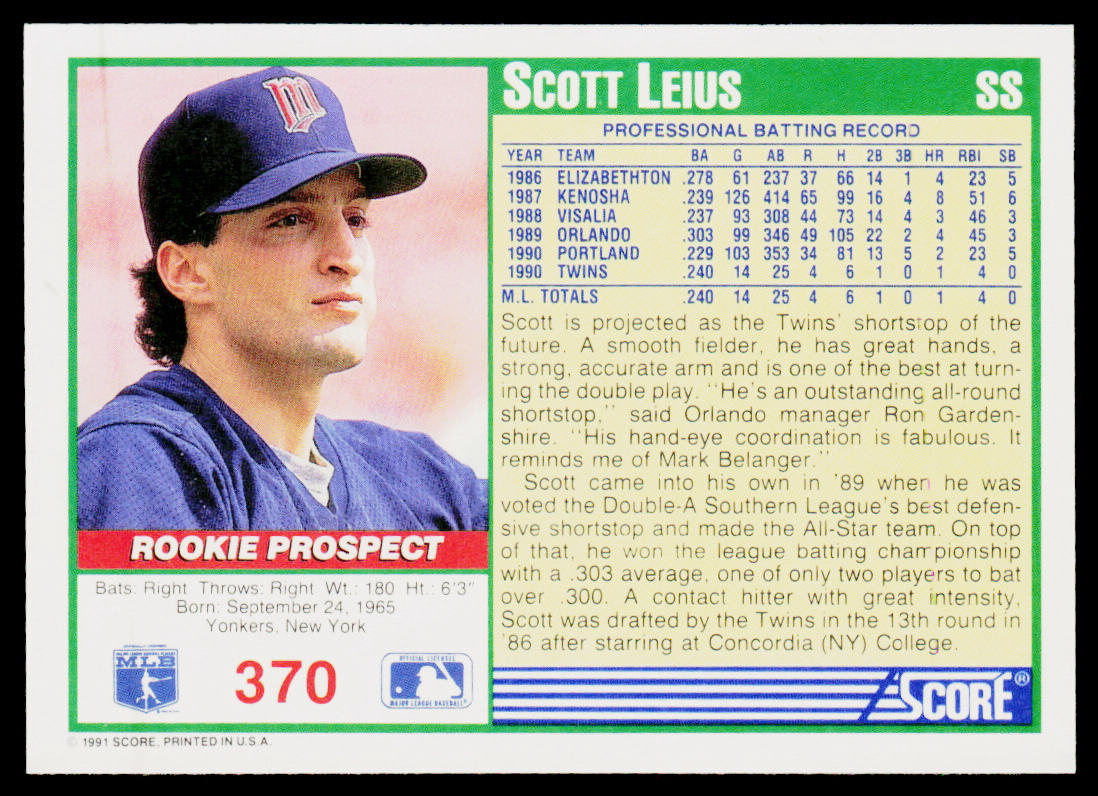 Scott Leius 1991 Score #370 Minnesota Twins