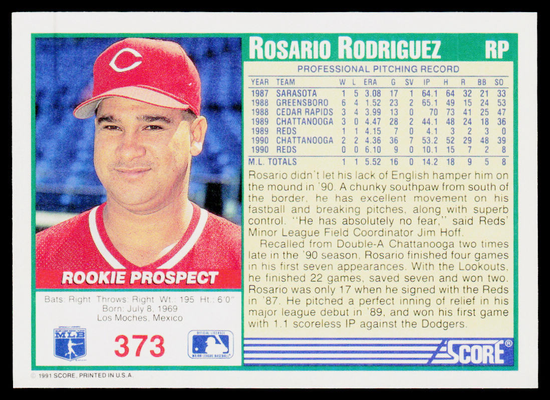 Rosario Rodriguez 1991 Score #373 RC Cincinnati Reds
