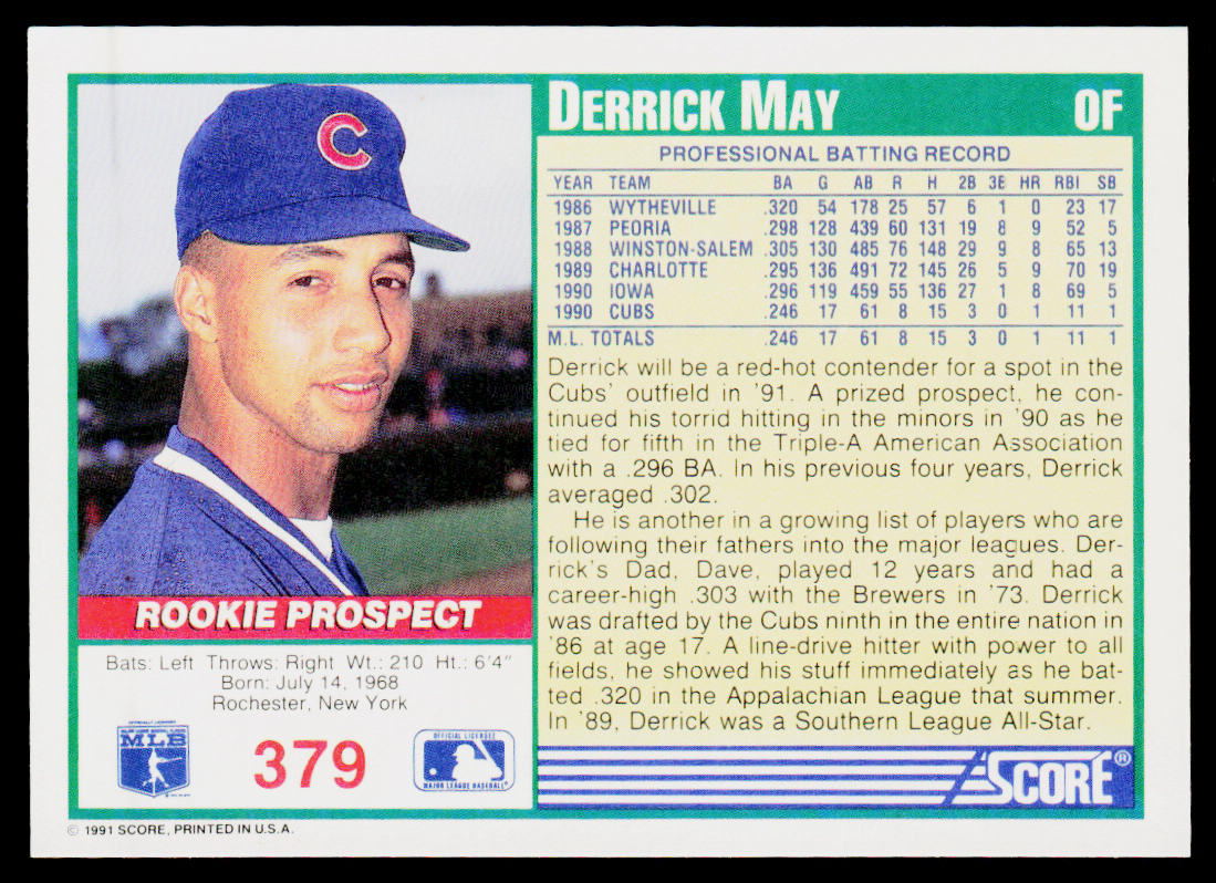 Derrick May 1991 Score #379 Chicago Cubs