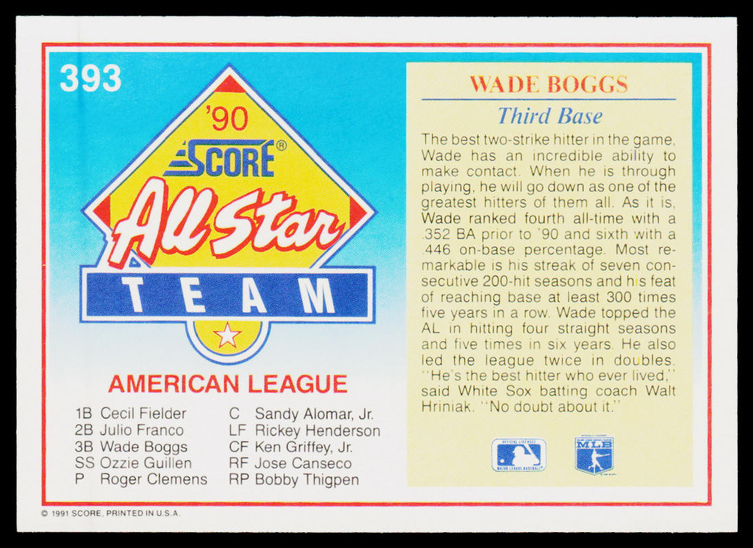 Wade Boggs 1991 Score #393 Boston Red Sox