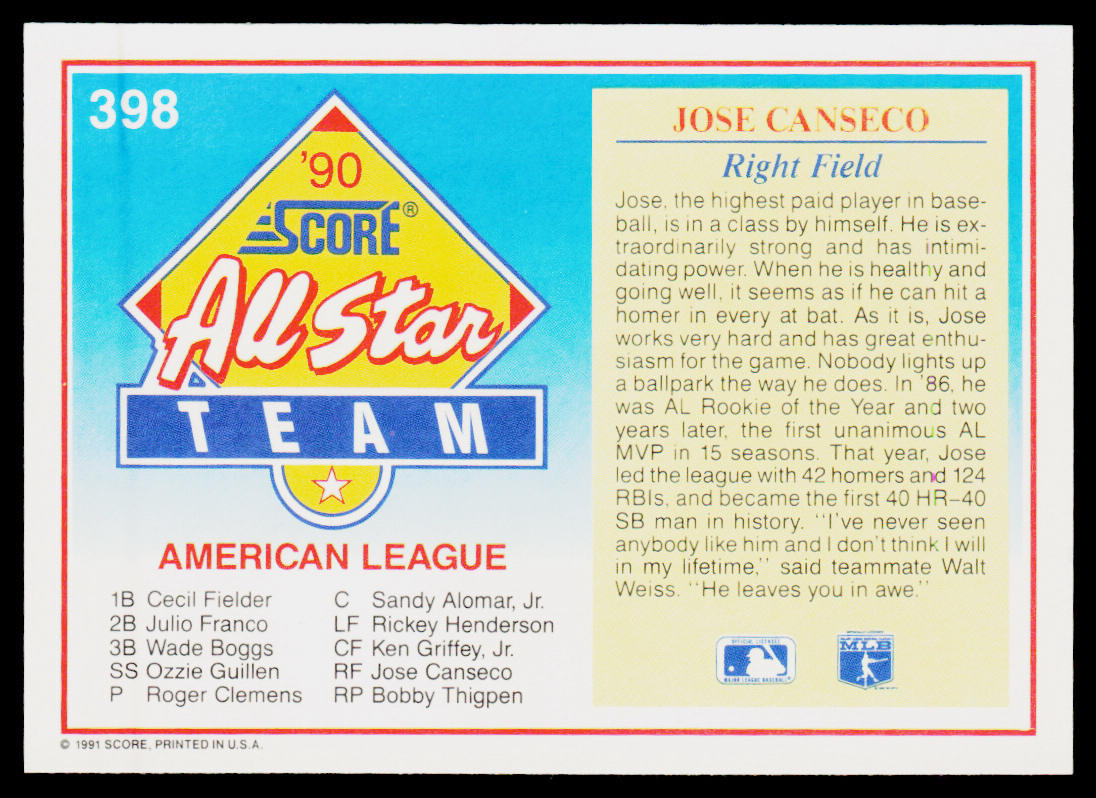 Jose Canseco 1991 Score #398 Oakland Athletics