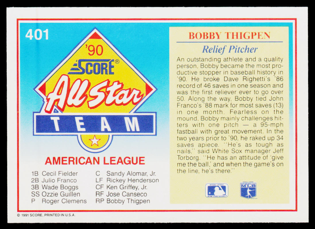 Bobby Thigpen 1991 Score #401 Chicago White Sox
