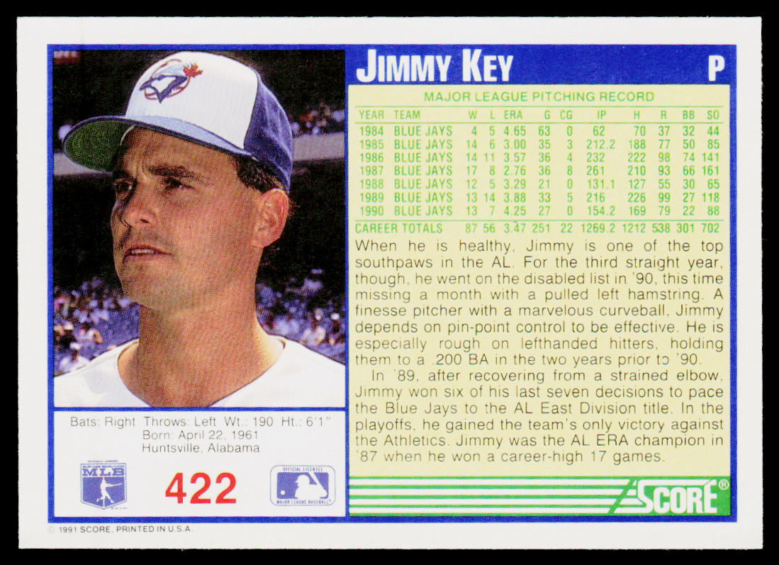 Jimmy Key 1991 Score #422 Toronto Blue Jays