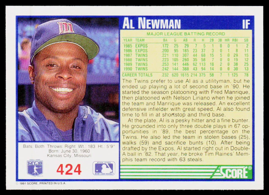 Al Newman 1991 Score #424 Minnesota Twins