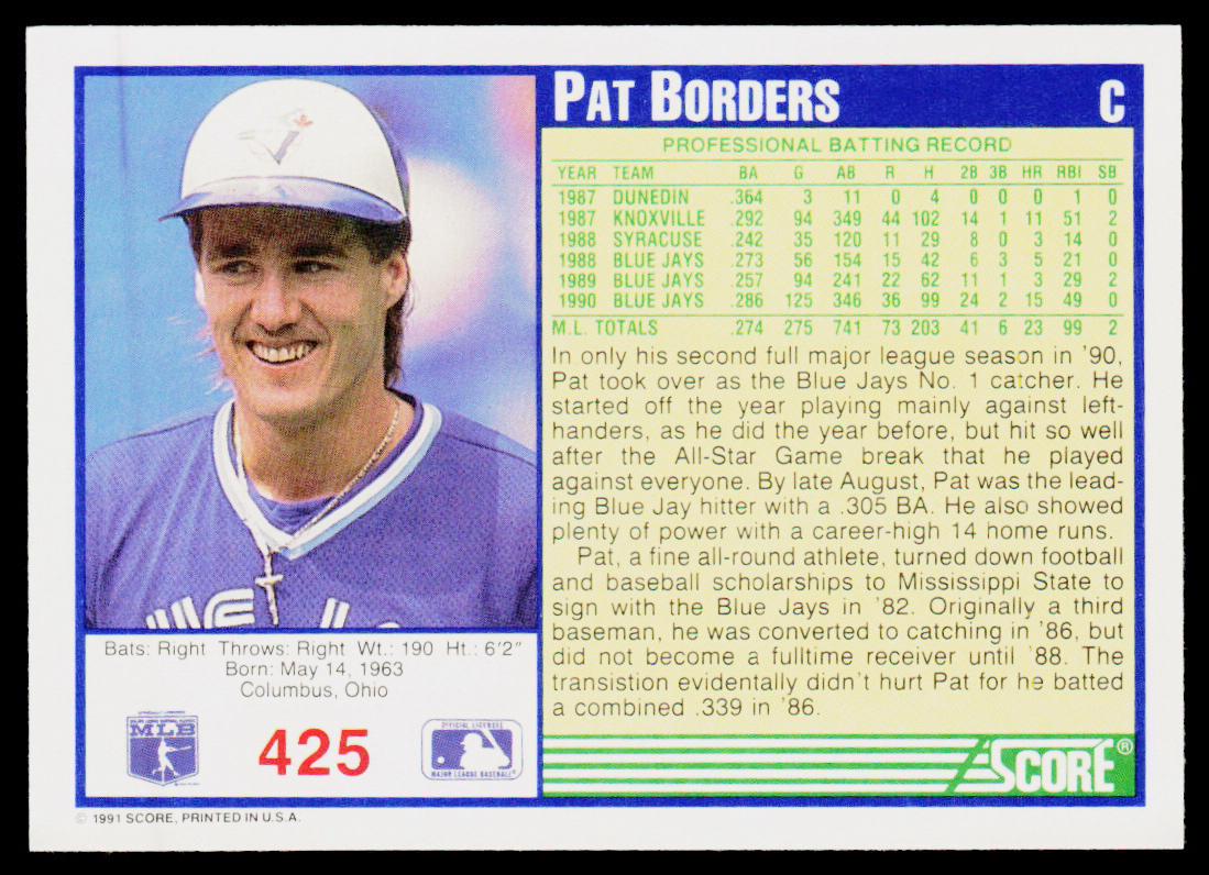 Pat Borders 1991 Score #425 Toronto Blue Jays