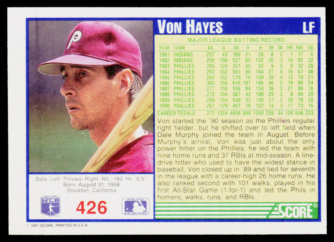 Von Hayes 1991 Score #426 Philadelphia Phillies