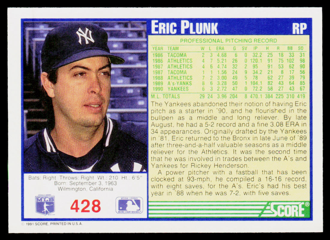 Eric Plunk 1991 Score #428 New York Yankees