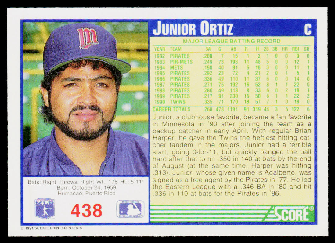 Junior Ortiz 1991 Score #438 Minnesota Twins