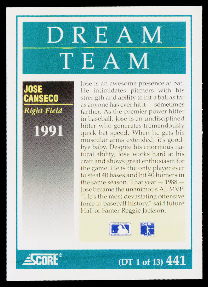 Jose Canseco 1991 Score #441 Oakland Athletics