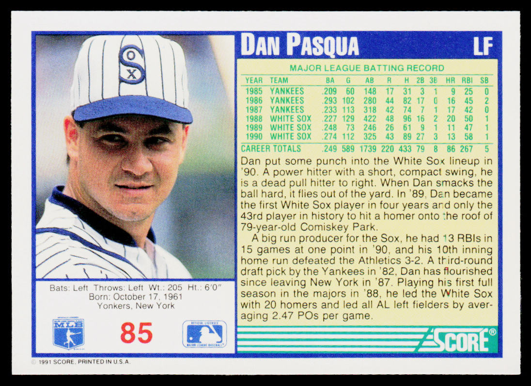 Dan Pasqua 1991 Score #85 Chicago White Sox