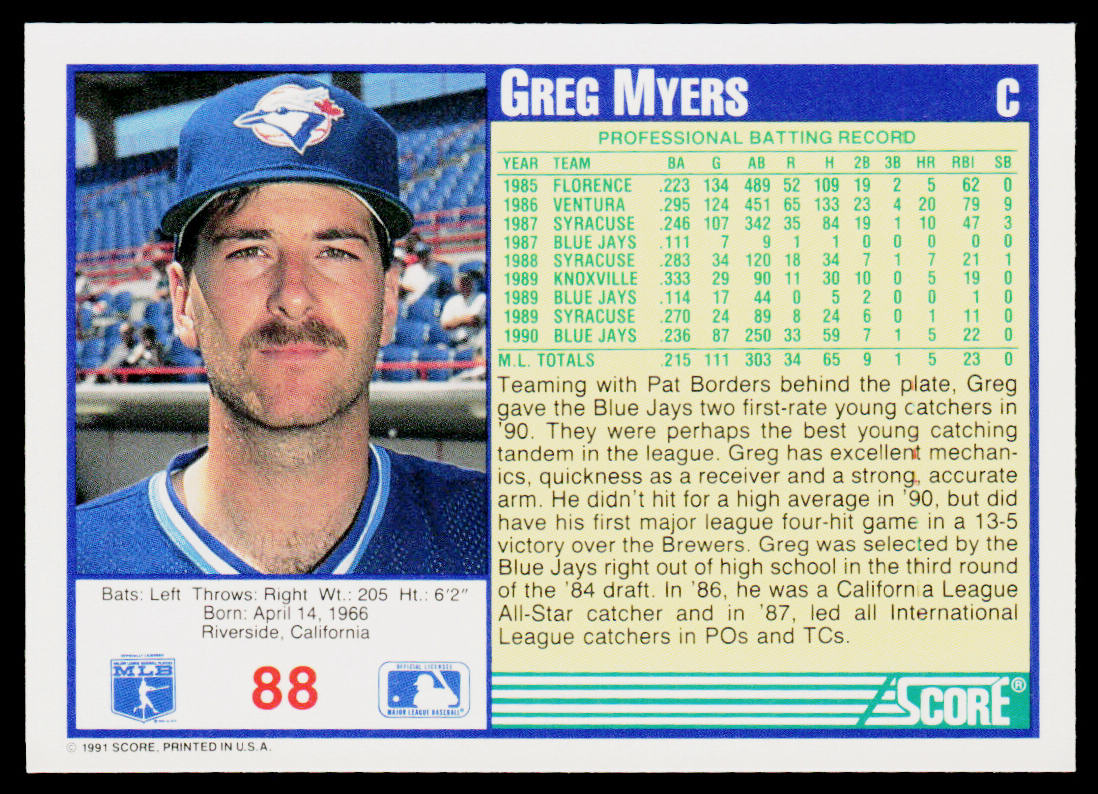Greg Myers 1991 Score #88 Toronto Blue Jays