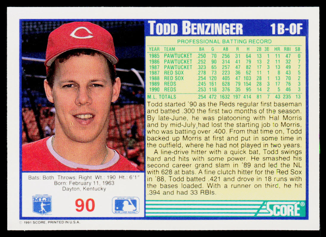 Todd Benzinger 1991 Score #90 Cincinnati Reds