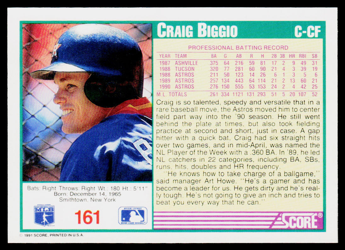 Craig Biggio 1991 Score #161 Houston Astros